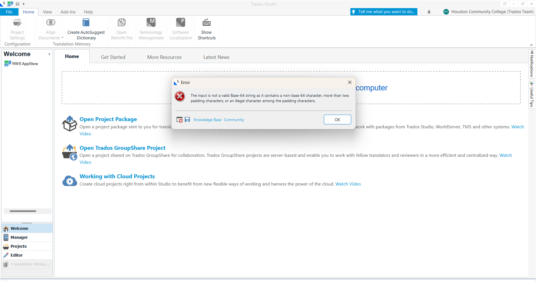 SDL Trados Studio error message dialog box stating 'The input is not a valid Base-64 string as it contains a non-base 64 character, more than two padding characters, or an illegal character among the padding characters.'