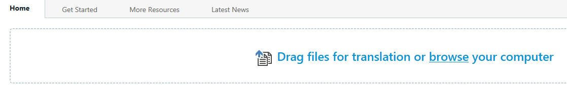 Trados Studio welcome screen with a dashed box area indicating to drag files for translation or browse the computer.