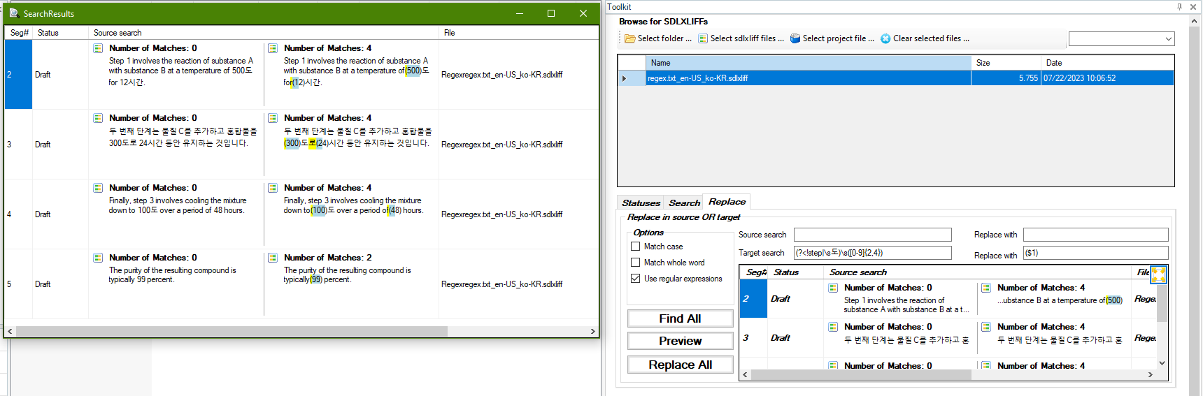 Screenshot showing the sdlxliff toolkit in a search replace operation.