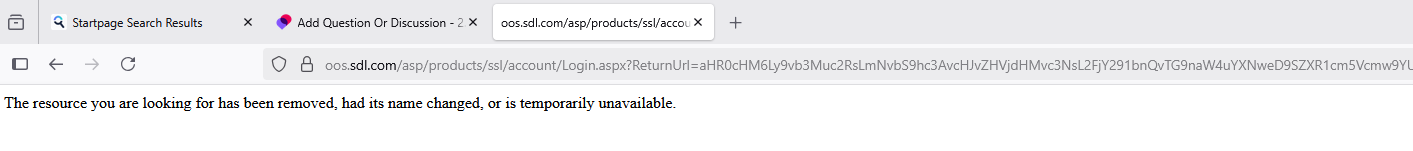 Browser window showing an error message: 'The resource you are looking for has been removed, had its name changed, or is temporarily unavailable.' The URL in the address bar is oos.sdl.comaspproductssslaccountLogin.aspx.