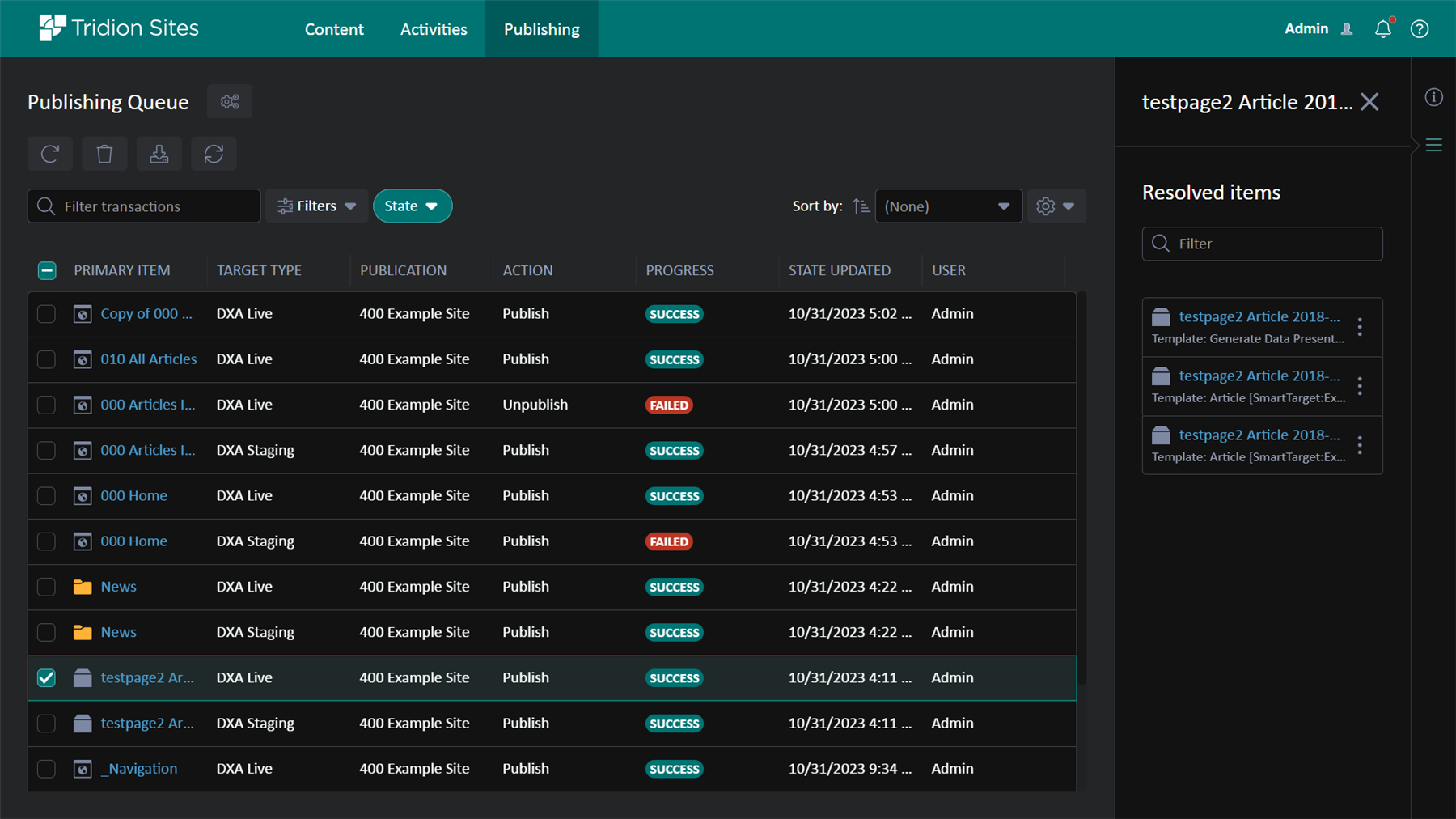 Tridion Sites Publishing Queue interface in dark mode, displaying a list of content with 'SUCCESS' and 'FAILED' publishing statuses.
