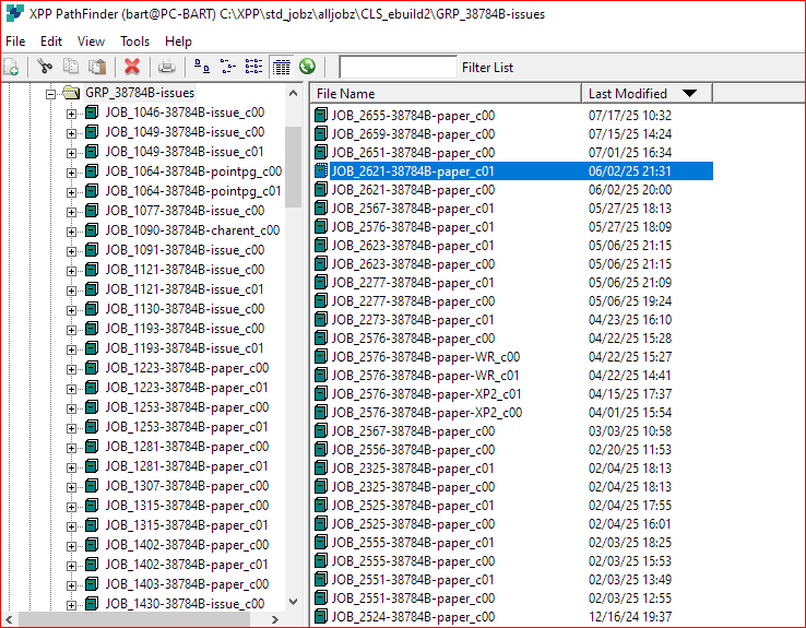 Screenshot of XPP Pathfinder showing a list of jobs under GRP_38784B-issues, with columns for File Name and Last Modified. JOB_2621-38784B-paper_c01 is highlighted.