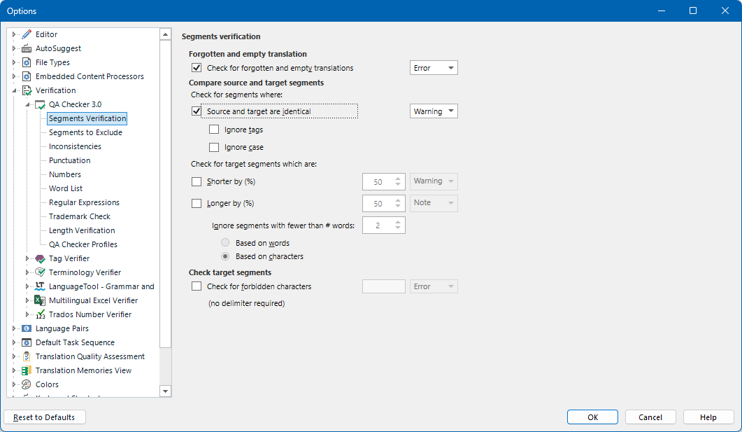 Trados Studio QA Checker 3.0 settings window showing Segments Verification options, including checks for forgotten translations, identical source and target segments, and forbidden characters.