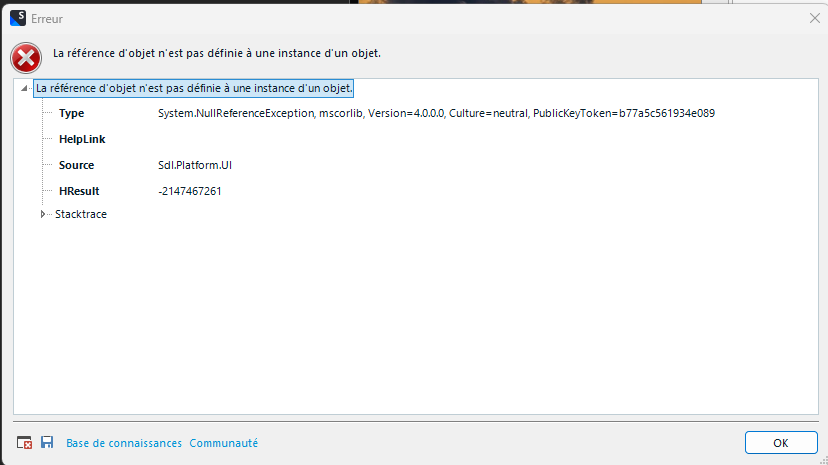 Error message in Trados Studio Ideas stating 'Object reference not set to an instance of an object' with details including Type, HelpLink, Source, HResult, and Stacktrace.