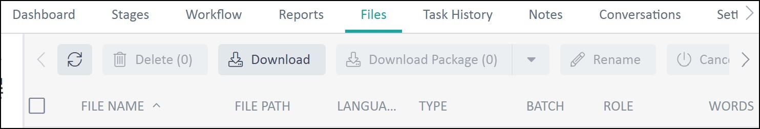 Screenshot of the Files tab in Trados Team showing non-functional sorting arrows next to column headers like File Name, File Path, Language, Type, Batch, Role, and Words.