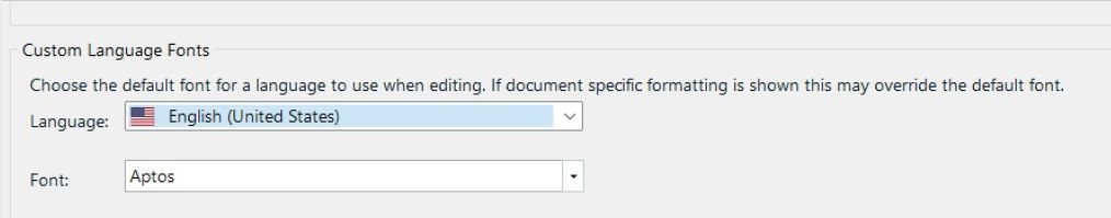 Screenshot of Trados Studio's Custom Language Fonts setting for English (United States) with 'Aptos' selected as the font.