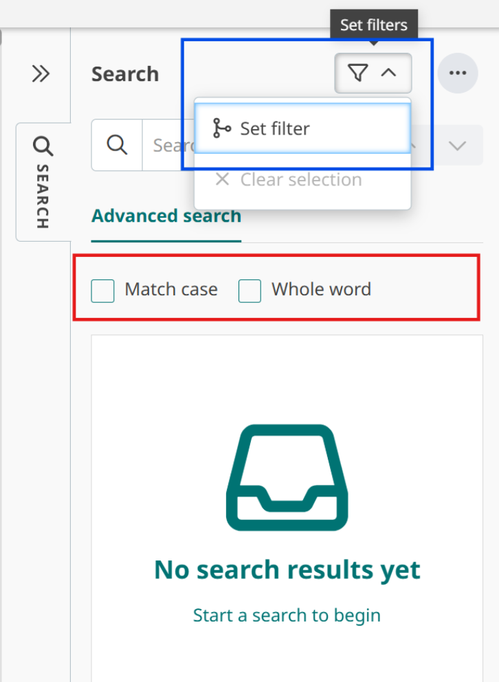Search interface showing advanced search options with 'Match case' and 'Whole word' checkboxes highlighted in red, and a 'Set filter' dropdown menu highlighted in blue. No search results yet.