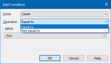 Add Condition dialog box showing 'Field' set to 'Client', 'Operator' dropdown with 'Equal to' and 'Not equal to' options, and an empty 'Value' field.