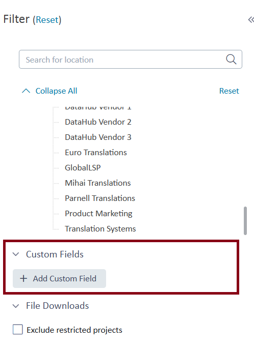 Filter panel with a search bar at the top, a list of translation vendors, and a section labeled 'Custom Fields' with a button labeled '+ Add Custom Field' highlighted in red.
