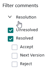 Filter comments section showing options for Resolution with checkboxes for Unresolved and Resolved, and additional options for Accept, Next Version, and Reject.