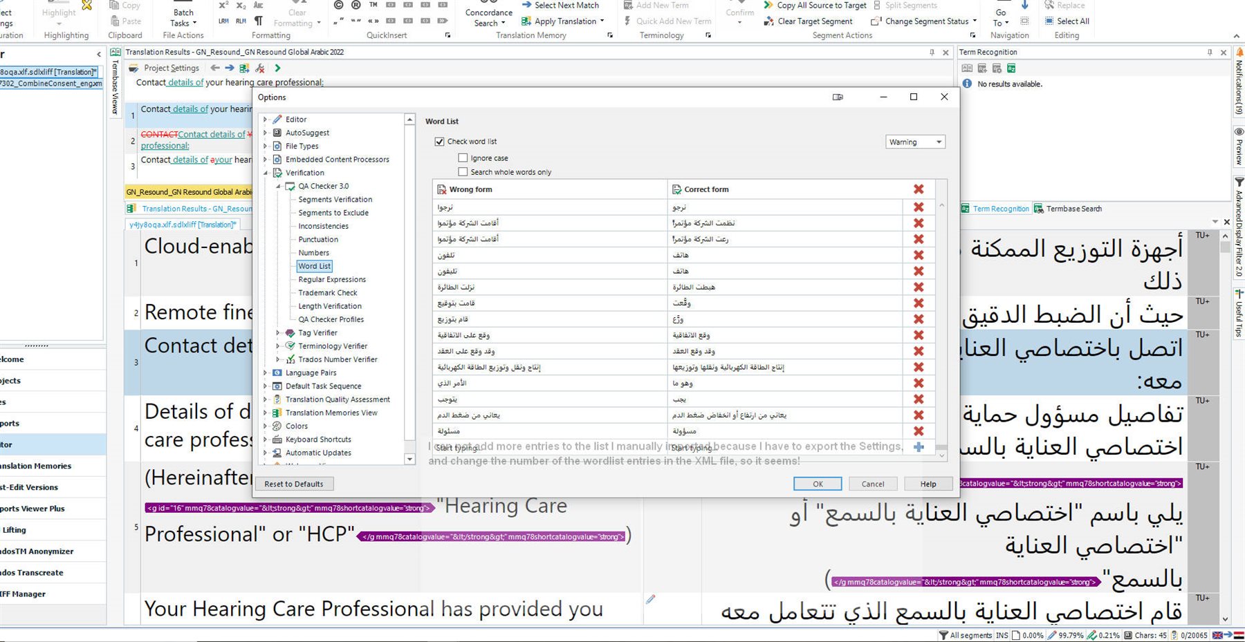 Screenshot of Trados Studio Ideas with an error message indicating inability to add more entries to the word list without changing settings.