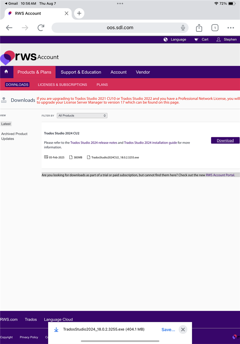 RWS Account downloads page showing Trados Studio 2024 CU2 available for download with a file size of 385MB and version 18.0.2.3255.exe. A download button is visible.