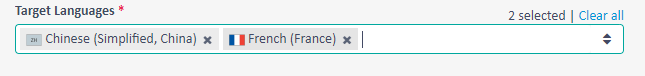 Screenshot displaying Trados Enterprise interface with two target languages selected: Chinese (Simplified, China) and French (France).