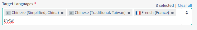 Screenshot of Trados Enterprise interface with an error where three languages are selected but 'zh-tw' is displayed twice, once as 'Chinese (Traditional, Taiwan)' and once as 'zh-tw'.