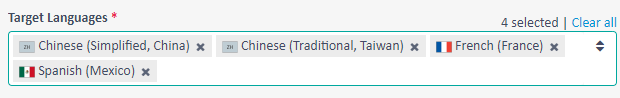 Screenshot of Trados Enterprise interface with four target languages correctly displayed: Chinese (Simplified, China), Chinese (Traditional, Taiwan), French (France), and Spanish (Mexico).