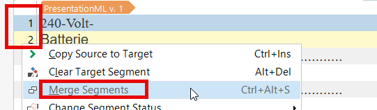 Context menu in Trados Studio with 'Merge Segments' option highlighted, indicating the process to combine segments.