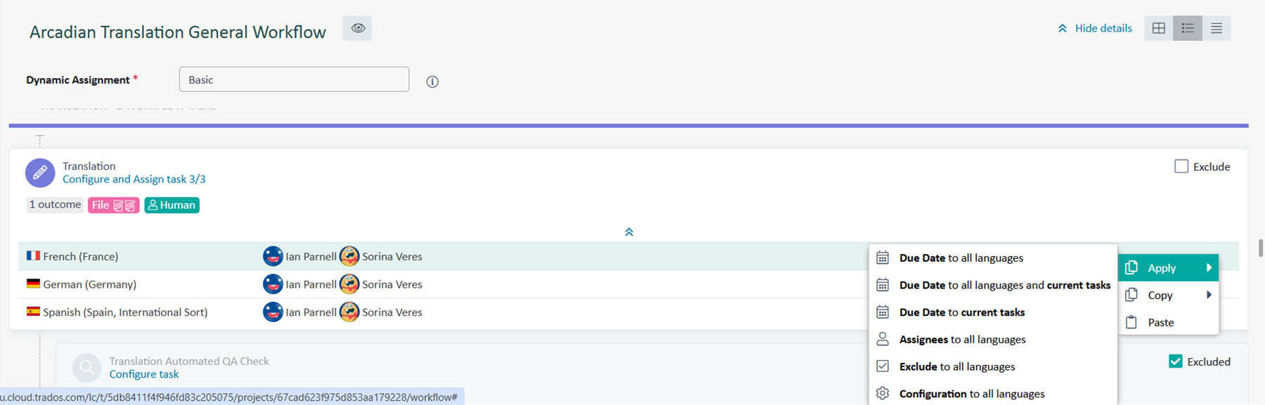 Screenshot of Trados Enterprise interface showing 'Arcadian Translation General Workflow' with a right-click menu open for French language row, options include 'Due Date to all languages' and others.