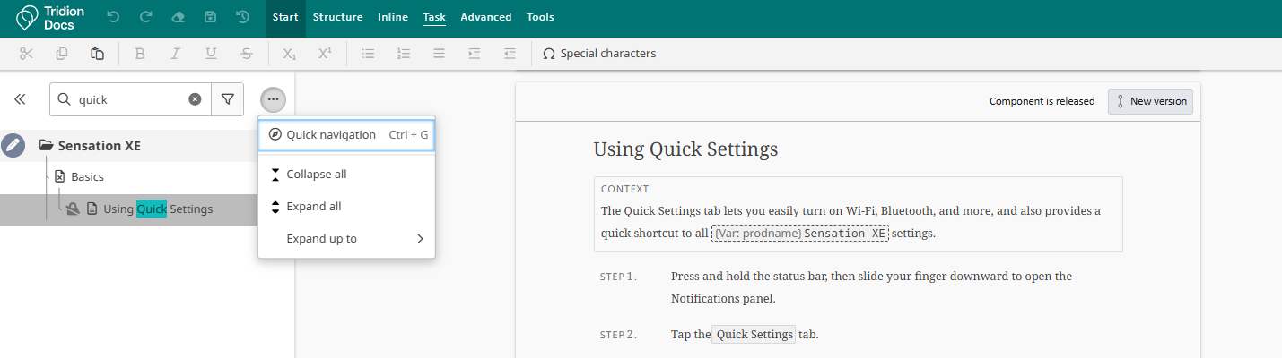 Tridion Docs interface showing the Quick navigation menu with options: Collapse all, Expand all, and Expand up to, alongside a document titled 'Using Quick Settings'.