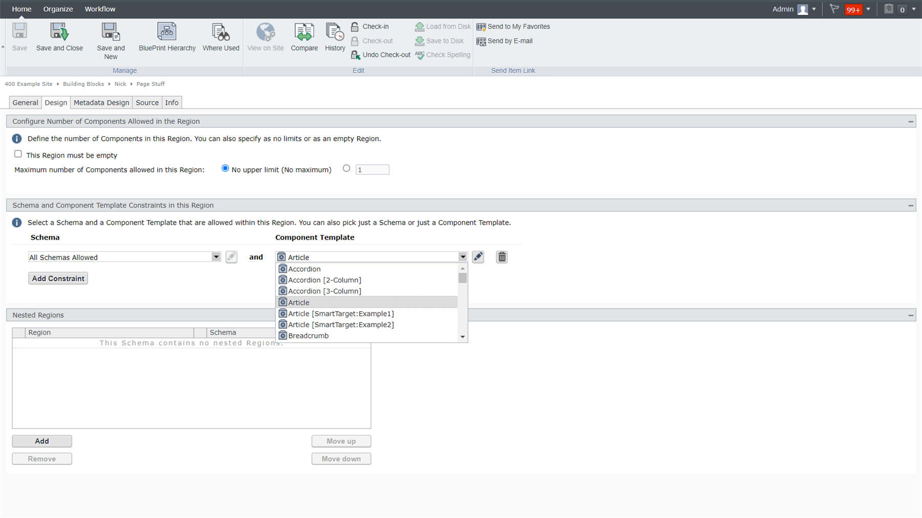 Tridion Sites interface showing the configuration of component constraints in a region with options to define the number of components and select allowed schemas and component templates.