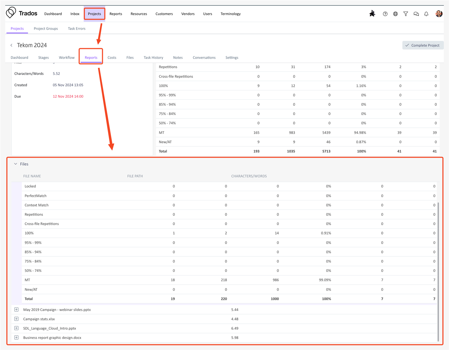 Screenshot of the Trados Enterprise interface showing the Projects tab, Reports section, and details for the Tekom 2024 project. Includes file statistics, due date, and file breakdown.