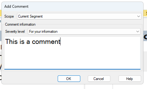 Screenshot of the 'Add Comment' dialog box in Trados Studio. It shows options for Scope set to 'Current Segment', Severity level set to 'For your information', and a text field with 'This is a comment'.