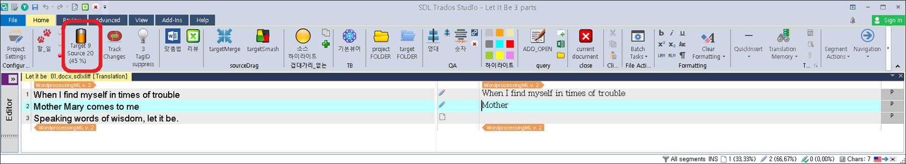 Screenshot of Trados Studio interface showing the Editor view with a highlighted error in the translation segment 'Mother Mary comes to me'. A red exclamation mark indicates the error in the target segment.