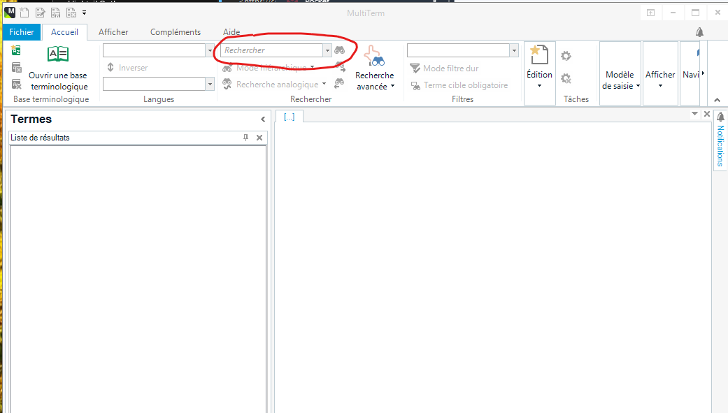 Screenshot of Trados Studio Ideas interface showing a small search field in the ribbon circled in red, indicating its size and placement issue as described in the context.