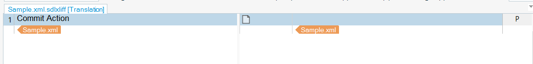 Screenshot of Passolo Ideas software showing a translation segment 'Commit Action' from a Sample.xml.sdlxliff file, with no visible errors or warnings.
