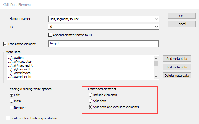 Passolo XML Data Element settings window with 'Split data' option highlighted under 'Embedded elements' section.