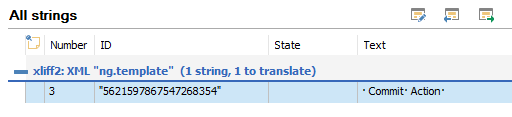 Passolo 'All strings' window showing a single entry with ID '5621597867547268354' and text '-Commit Action-' to be translated.