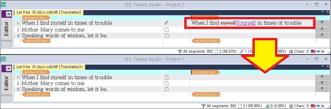 Screenshot of Trados Studio Ideas plugin showing Track Changes mode activated with a segment before and after using the plugin. The top segment has text crossed out, while the bottom segment is cleared with no track changes.