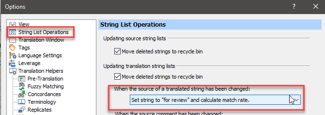 Passolo Options dialog showing String List Operations with a red box highlighting the setting 'Set string to for review and calculate match rate.'