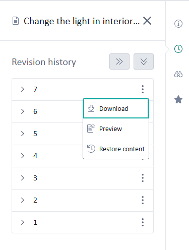 Screenshot of the Tridion Docs interface showing the Revision history panel with versions 1 to 7 listed. A dropdown menu is open for version 6, displaying options: Download, Preview, and Restore content.