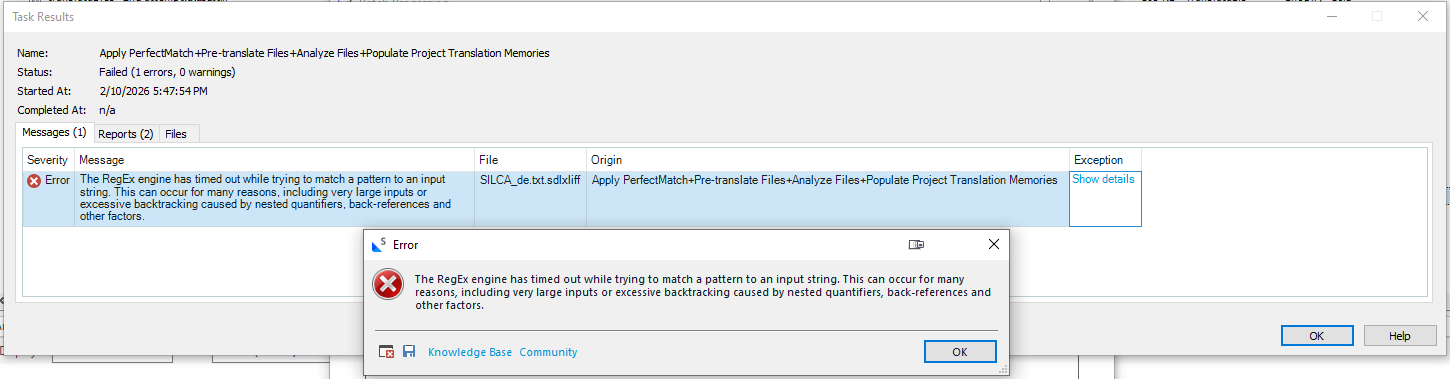 Task Results window showing an error message: 'The RegEx engine has timed out while trying to match a pattern to an input string.' Includes OK and Help buttons.