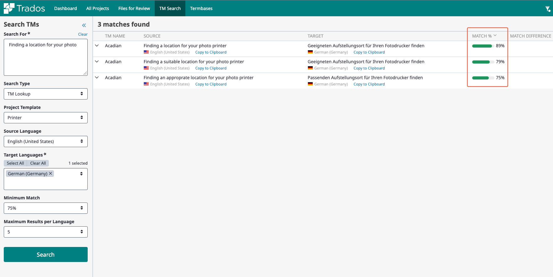 Trados TM Search interface showing 3 matches found for the search term 'Finding a location for your photo printer' with match percentages of 89%, 79%, and 75% respectively.