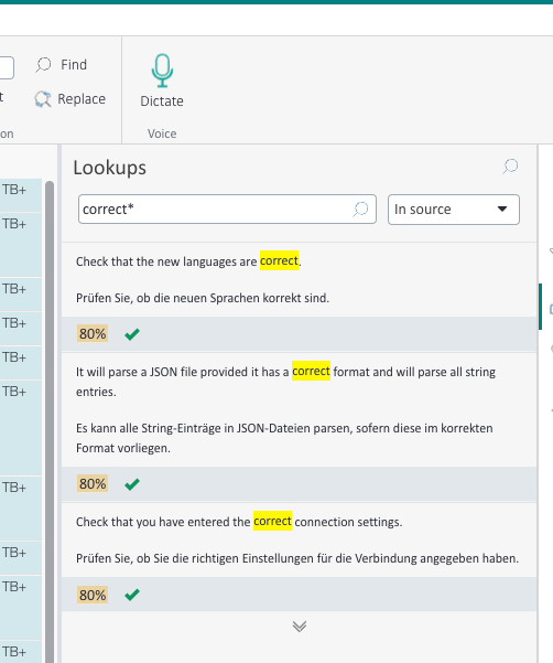 Trados Online Editor interface displaying concordance search results for the term 'correct*' with highlighted matches and their corresponding match percentages.