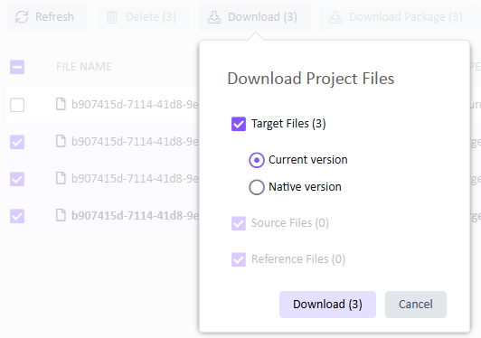 Screenshot of the Trados Cloud interface showing the 'Download Project Files' dialog. Options include 'Target Files', 'Current version', 'Native version', 'Source Files', and 'Reference Files'.