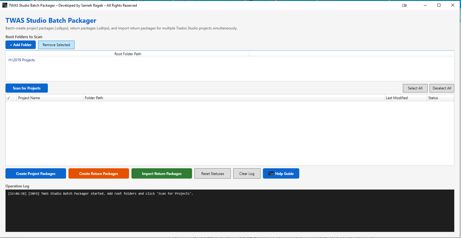 Screenshot of the TWAS Studio Batch Packager interface with a root folder path 'H:2019 Projects' added. Buttons for creating and importing packages are visible at the bottom.