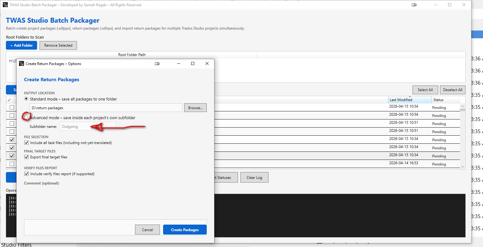 Screenshot of the TWAS Studio Batch Packager interface showing the 'Create Return Packages - Options' window. Advanced mode is selected with 'Outgoing' as the subfolder name.