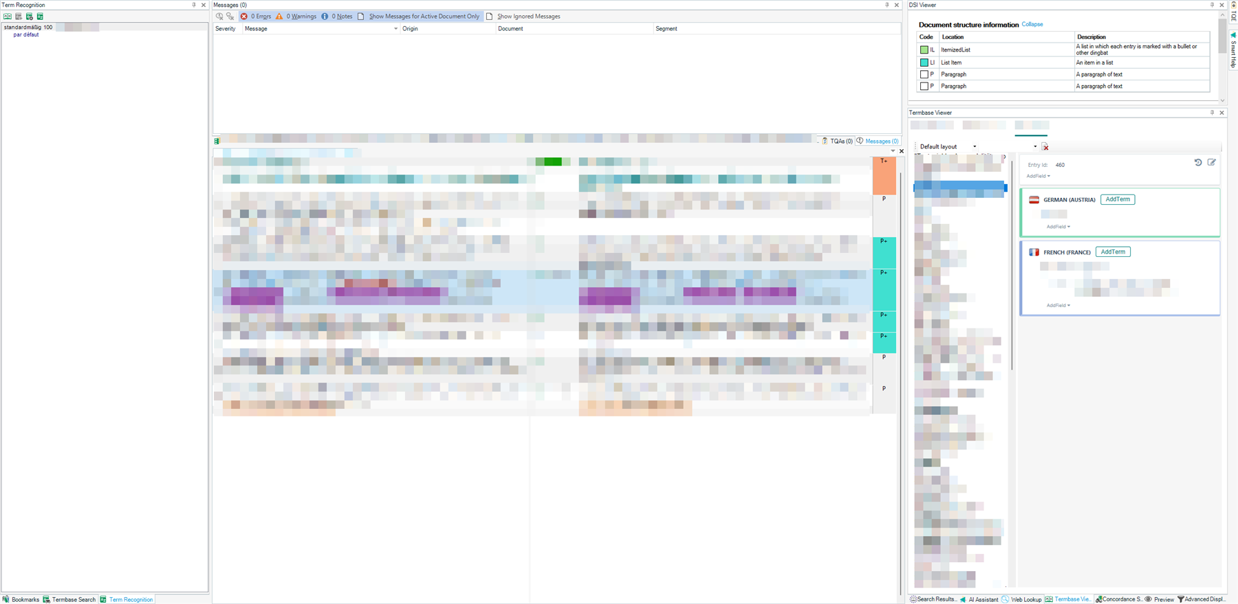 Screenshot of Trados Studio interface showing term recognition on the left, document structure information on the right, and a central editor with highlighted segments.