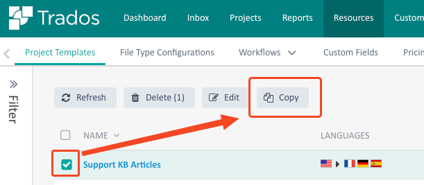 Trados Enterprise interface showing the 'Project Templates' tab with an arrow pointing to the 'Copy' button next to a selected project template named 'Support KB Articles'.