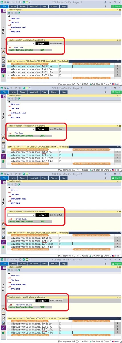 Screenshot of Trados Studio Ideas with a search dialog for 'Term Recognition Modification CaseSensitive' and results showing 'lower case' highlighted.