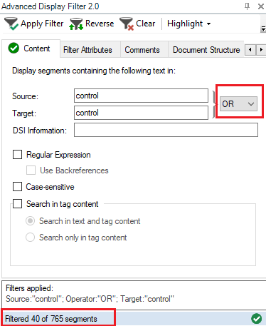 Advanced Display Filter 2.0 window showing filtering options with 'OR' selected for source and target fields. The bottom displays 'Filtered 40 of 765 segments.'