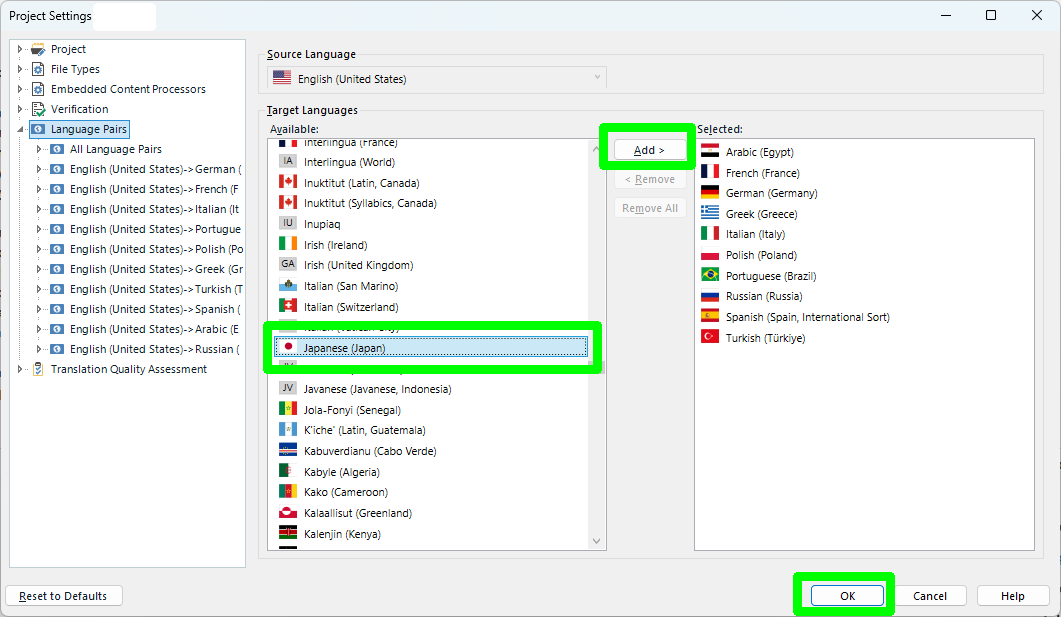 Trados Enterprise Project Settings window showing Language Pairs. Japanese (Japan) is selected in the Available list, with Add and OK buttons highlighted in green.
