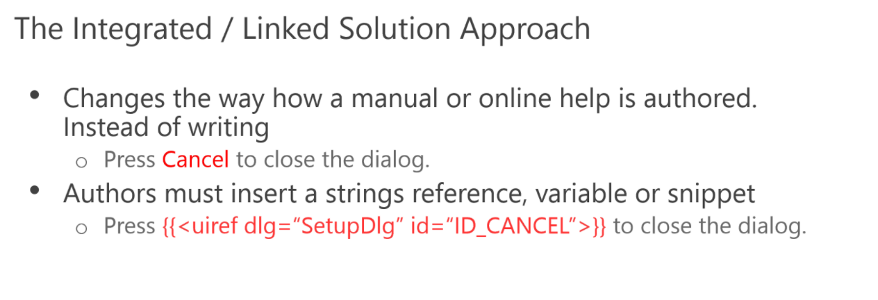 Slide titled 'The Integrated  Linked Solution Approach' with two bullet points. First bullet: 'Changes the way how a manual or online help is authored. Instead of writing Press Cancel to close the dialog.' Cancel is highlighted in red. Second bullet: 'Authors must insert a strings reference, variable or snippet Press uiref dlg='SetupDlg' id='ID_CANCEL' to close the dialog.'