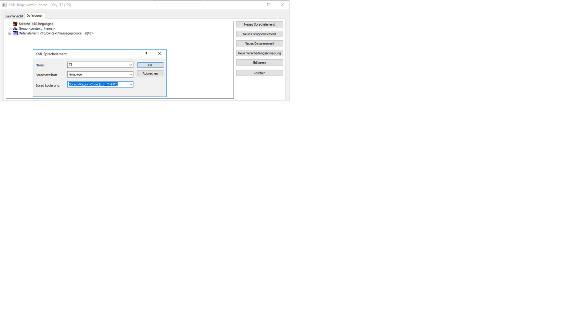 Trados Studio screenshot showing the XML rule configuration window with 'TS language' selected and a dropdown menu for 'Sprach-Region-Code' set to 'fr-FR'.