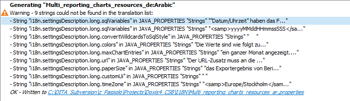 Screenshot of Trados Studio warning message indicating 9 strings could not be found in the translation list for 'Multi_reporting_charts_resources_deArabic'.