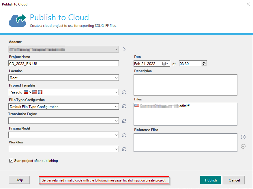 Trados Studio 'Publish to Cloud' dialog box with an error message at the bottom stating 'Server returned invalid code with the following message: Invalid input on create project.'