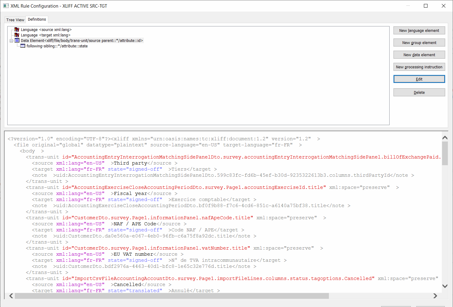 Trados Studio XML Rule Configuration window with Tree View tab selected, displaying language elements and data elements for source and target with 'state' attribute.