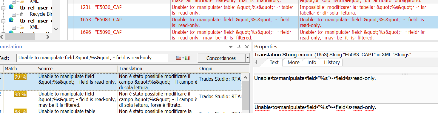 Passolo Concordance search showing a 99% match instead of 100% for the string 'Unable to manipulate field ""%s" - field is read-only.'